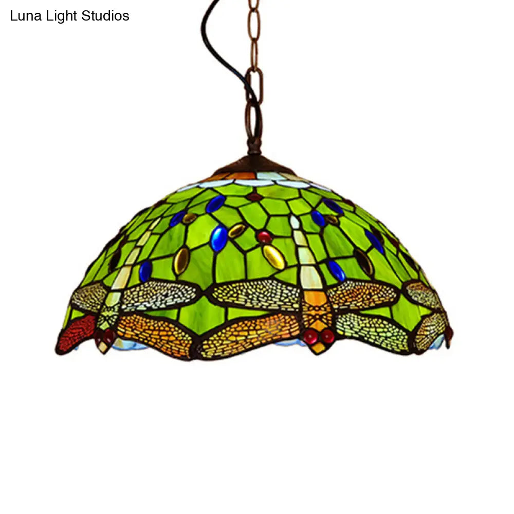 Tiffany Dragonfly Pendant Ceiling Light - 1-Light Stained Glass Fixture in Red/Yellow/Blue for Kitchen