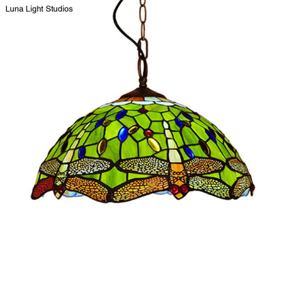 Tiffany Dragonfly Pendant Ceiling Light - 1-Light Stained Glass Fixture in Red/Yellow/Blue for Kitchen