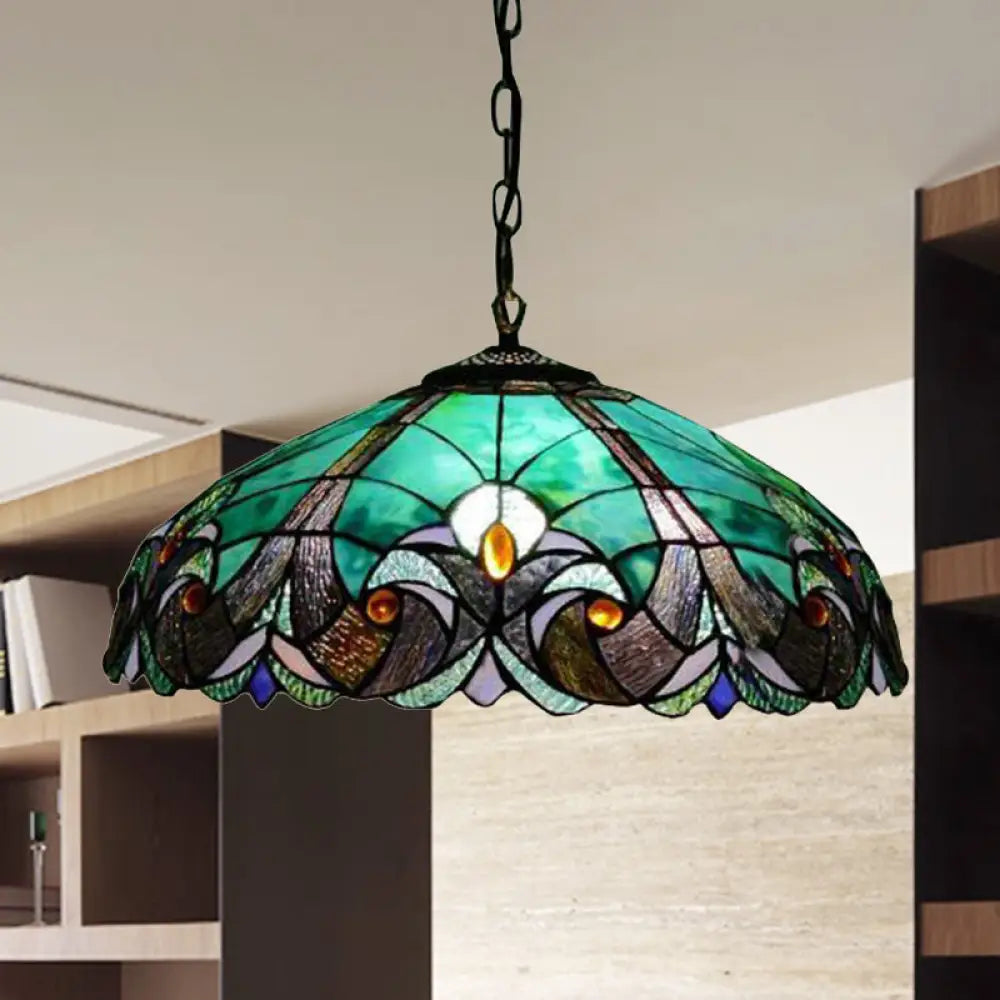 Tiffany Flared Ceiling Lamp - 4-Head Stained Art Glass Hanging Light Kit in Yellow/Blue for Bedrooms