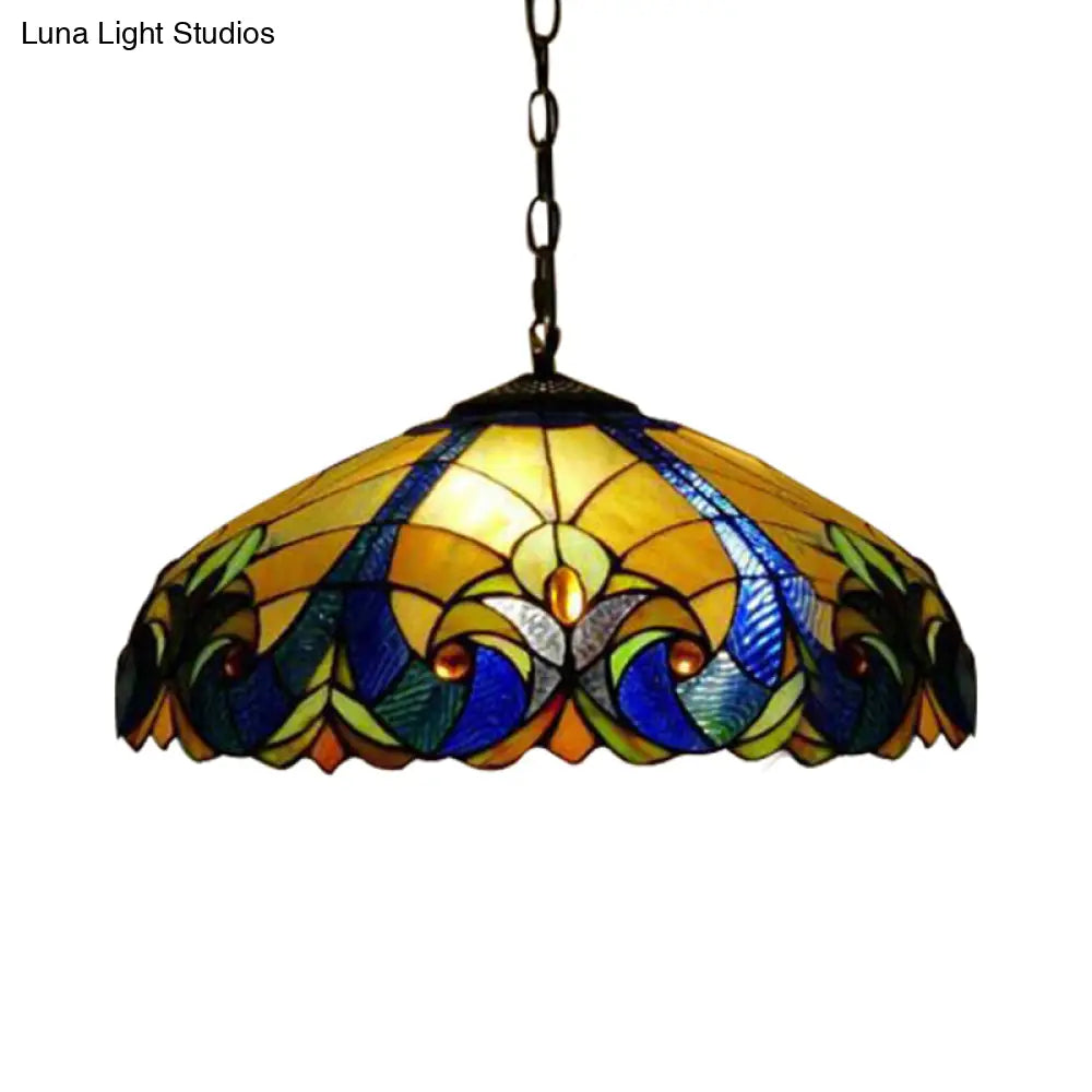 Tiffany Flared Ceiling Lamp - 4-Head Stained Art Glass Hanging Light Kit in Yellow/Blue for Bedrooms