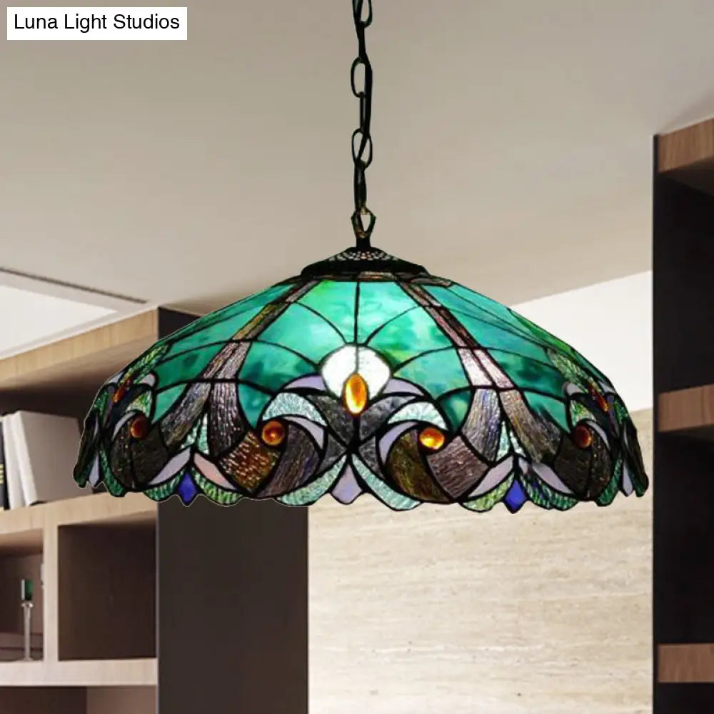 Tiffany Flared Ceiling Lamp - 4-Head Stained Art Glass Hanging Light Kit in Yellow/Blue for Bedrooms