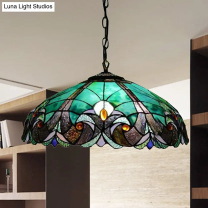 Tiffany Flared Ceiling Lamp - 4-Head Stained Art Glass Hanging Light Kit in Yellow/Blue for Bedrooms