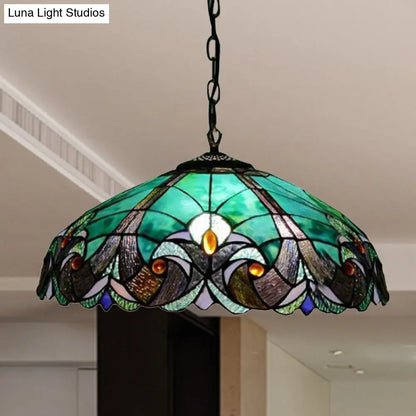 Tiffany Flared Ceiling Lamp - 4-Head Stained Art Glass Hanging Light Kit in Yellow/Blue for Bedrooms