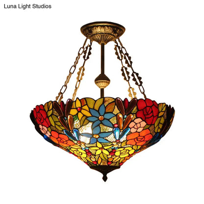 DecorBites™ DecorBites™ Tiffany Floral Ceiling Light with Stained Glass in Rustic Style for Cafe
