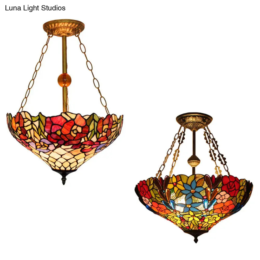 DecorBites™ DecorBites™ Tiffany Floral Ceiling Light with Stained Glass in Rustic Style for Cafe