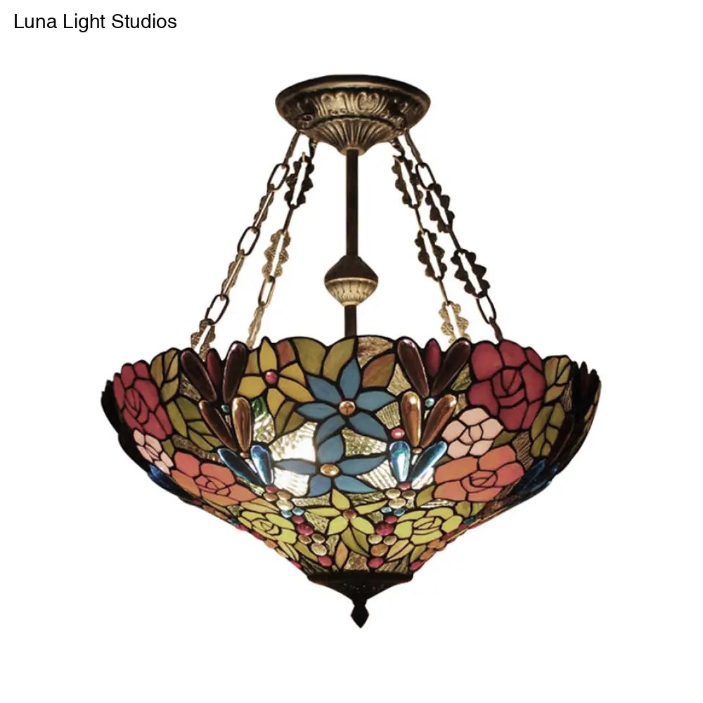 DecorBites™ DecorBites™ Tiffany Floral Ceiling Light with Stained Glass in Rustic Style for Cafe