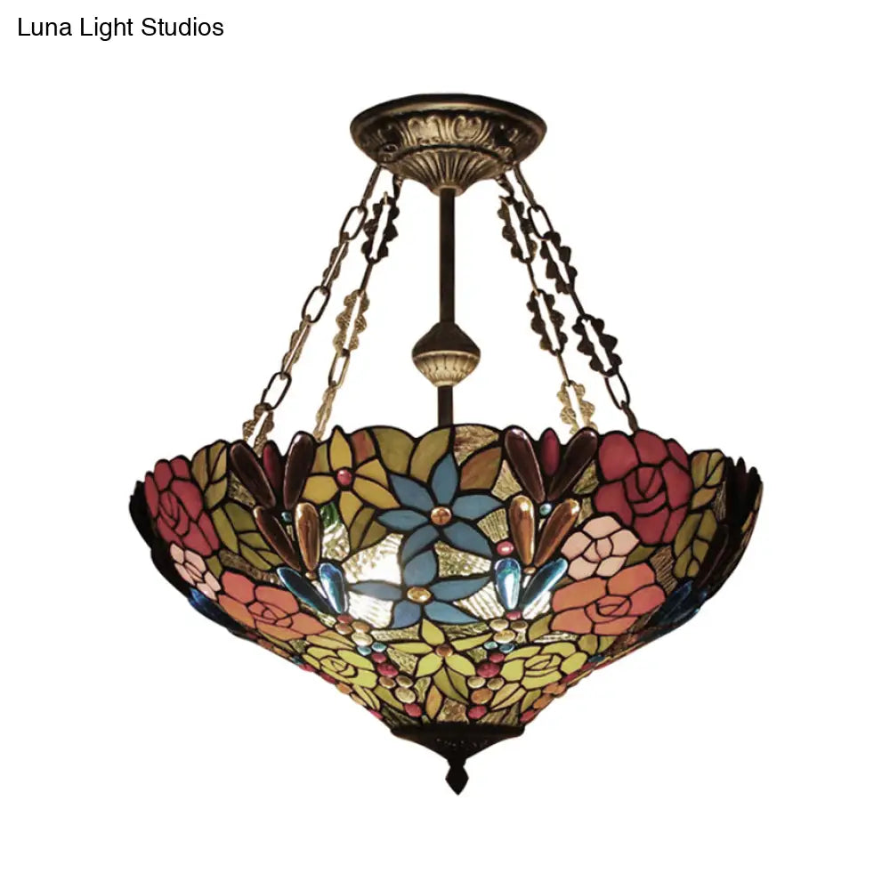 DecorBites™ DecorBites™ Tiffany Floral Ceiling Light with Stained Glass in Rustic Style for Cafe
