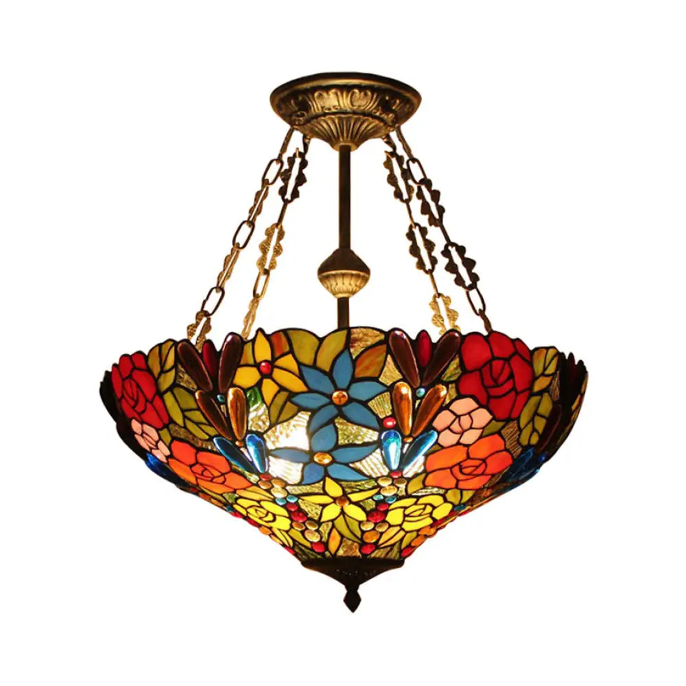 DecorBites™ DecorBites™ Tiffany Floral Ceiling Light with Stained Glass in Rustic Style for Cafe