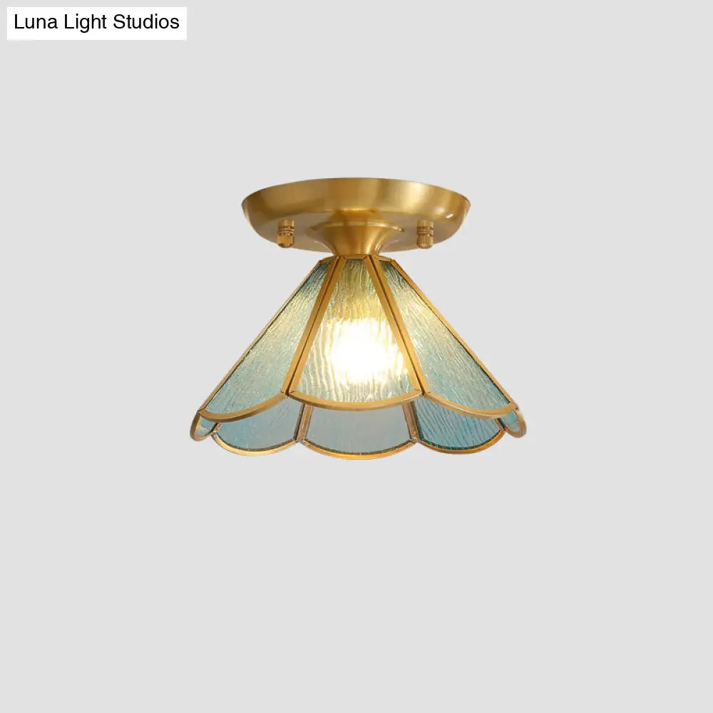 Tiffany Floral Semi Mount 1-Light Glass Ceiling Flush Light in Brass - Ideal for Hallway Décor