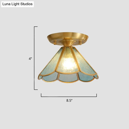 Tiffany Floral Semi Mount 1-Light Glass Ceiling Flush Light in Brass - Ideal for Hallway Décor