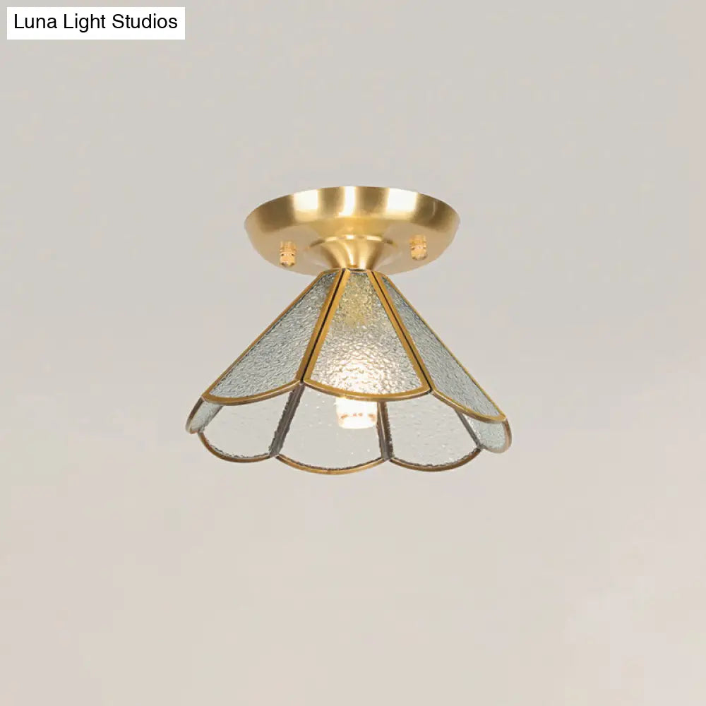 Tiffany Floral Semi Mount 1-Light Glass Ceiling Flush Light in Brass - Ideal for Hallway Décor