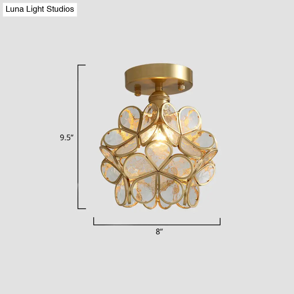 Tiffany Floral Semi Mount 1-Light Glass Ceiling Flush Light in Brass - Ideal for Hallway Décor