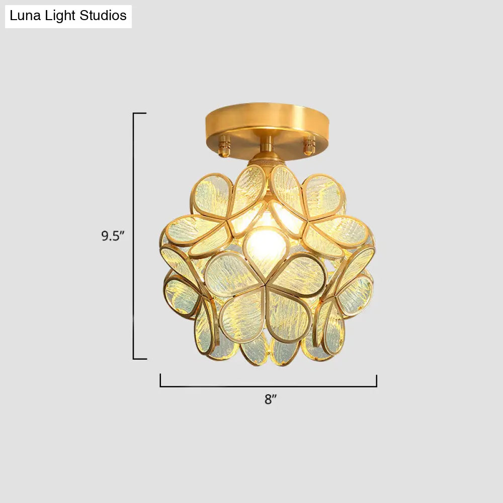 Tiffany Floral Semi Mount 1-Light Glass Ceiling Flush Light in Brass - Ideal for Hallway Décor