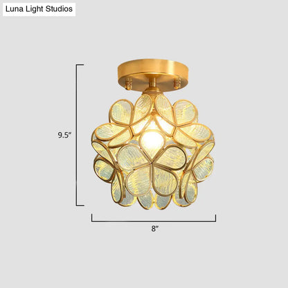 Tiffany Floral Semi Mount 1-Light Glass Ceiling Flush Light in Brass - Ideal for Hallway Décor