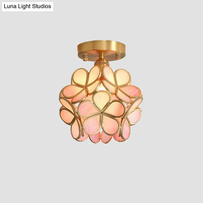 Tiffany Floral Semi Mount 1-Light Glass Ceiling Flush Light in Brass - Ideal for Hallway Décor