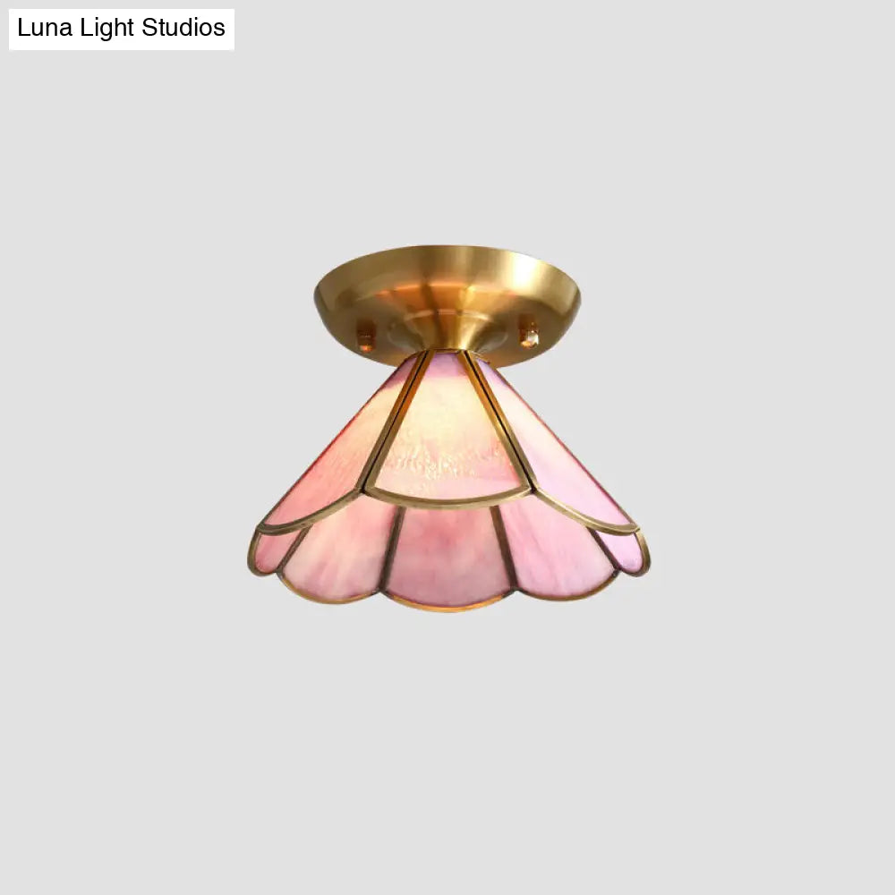 Tiffany Floral Semi Mount 1-Light Glass Ceiling Flush Light in Brass - Ideal for Hallway Décor