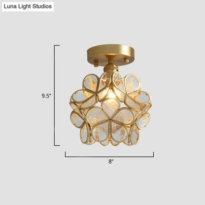 Tiffany Floral Semi Mount 1-Light Glass Ceiling Flush Light in Brass - Ideal for Hallway Décor