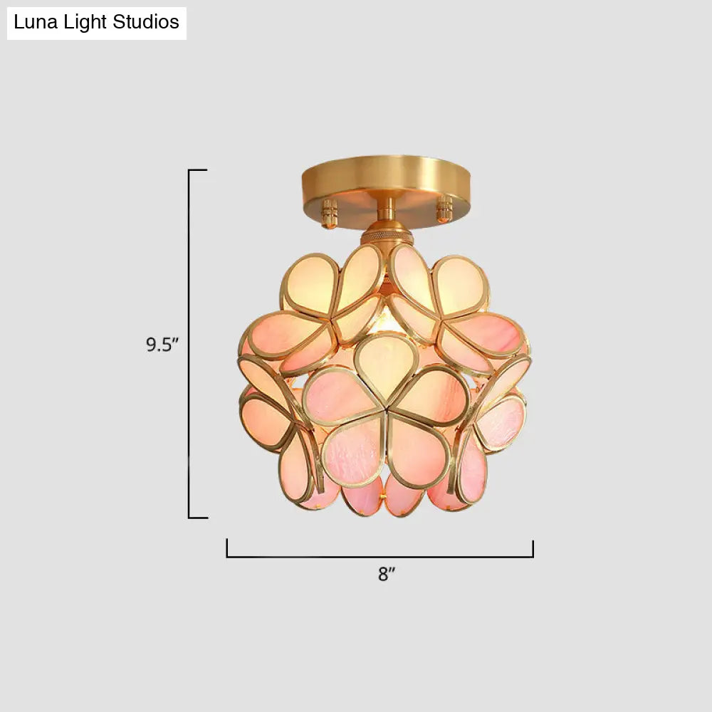 Tiffany Floral Semi Mount 1-Light Glass Ceiling Flush Light in Brass - Ideal for Hallway Décor