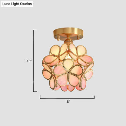 Tiffany Floral Semi Mount 1-Light Glass Ceiling Flush Light in Brass - Ideal for Hallway Décor