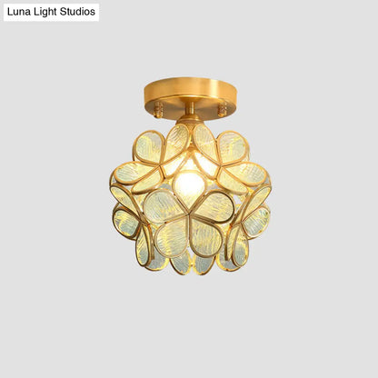 Tiffany Floral Semi Mount 1-Light Glass Ceiling Flush Light in Brass - Ideal for Hallway Décor