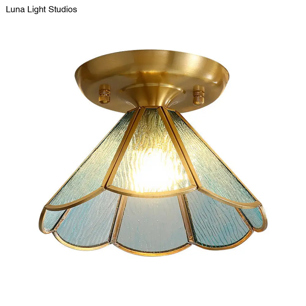 Tiffany Floral Semi Mount 1-Light Glass Ceiling Flush Light in Brass - Ideal for Hallway Décor