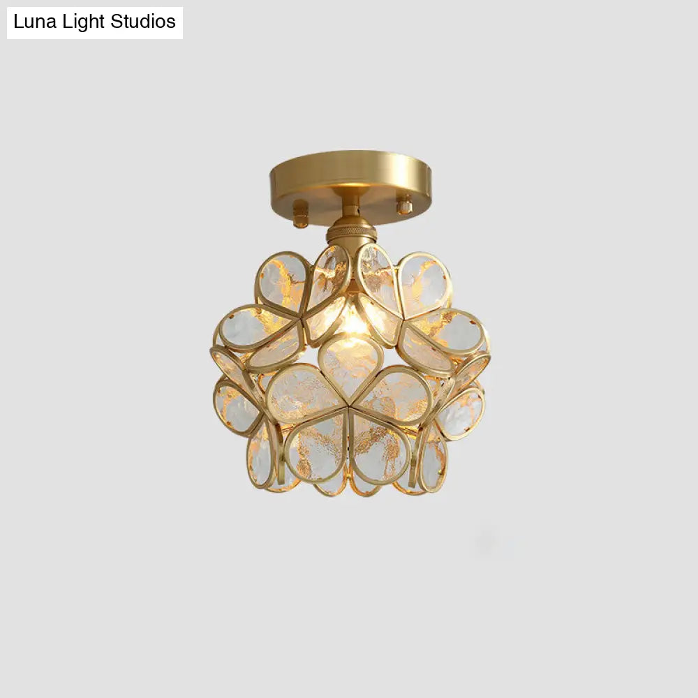 Tiffany Floral Semi Mount 1-Light Glass Ceiling Flush Light in Brass - Ideal for Hallway Décor