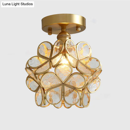 Tiffany Floral Semi Mount 1-Light Glass Ceiling Flush Light in Brass - Ideal for Hallway Décor