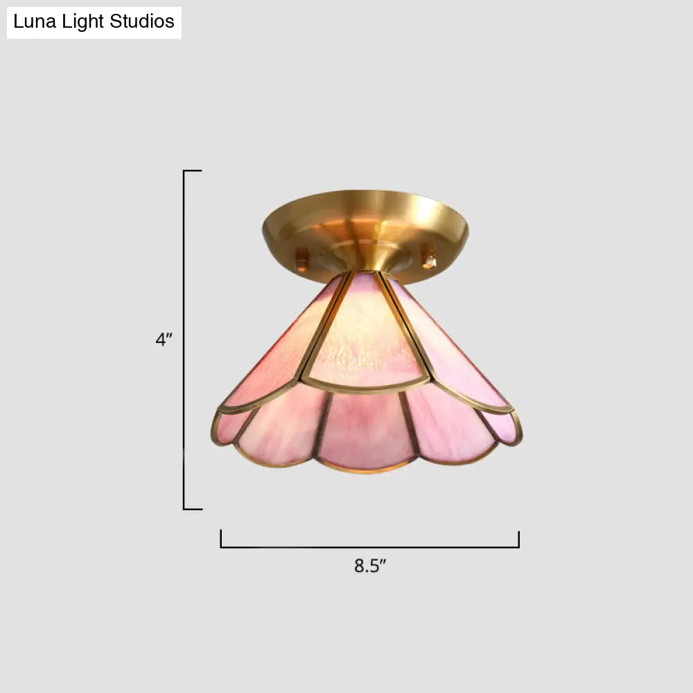 Tiffany Floral Semi Mount 1-Light Glass Ceiling Flush Light in Brass - Ideal for Hallway Décor