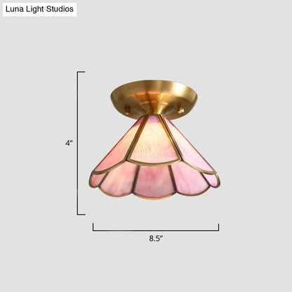 Tiffany Floral Semi Mount 1-Light Glass Ceiling Flush Light in Brass - Ideal for Hallway Décor