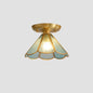 Tiffany Floral Semi Mount 1-Light Glass Ceiling Flush Light in Brass - Ideal for Hallway Décor