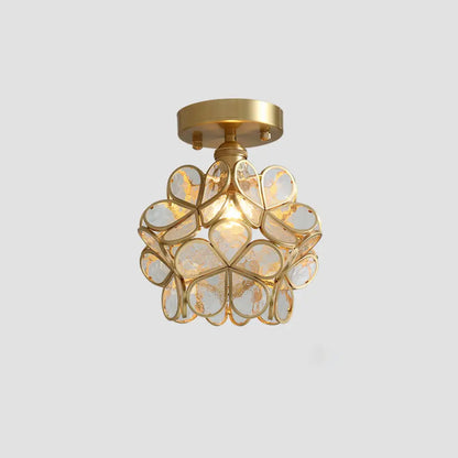 Tiffany Floral Semi Mount 1-Light Glass Ceiling Flush Light in Brass - Ideal for Hallway Décor