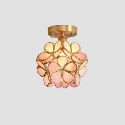 Tiffany Floral Semi Mount 1-Light Glass Ceiling Flush Light in Brass - Ideal for Hallway Décor