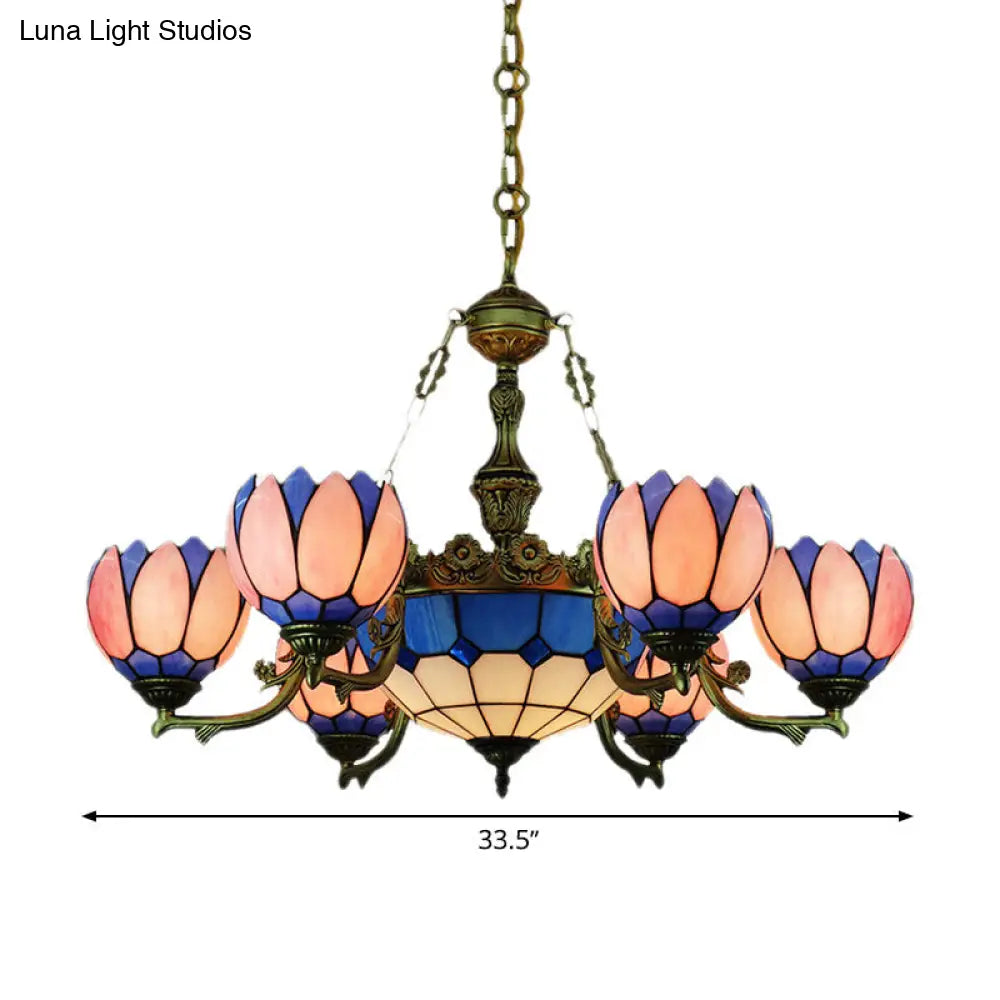 Tiffany Floral Stained Glass Pendant Chandelier with 7 Pink Lights for Living Room Décor