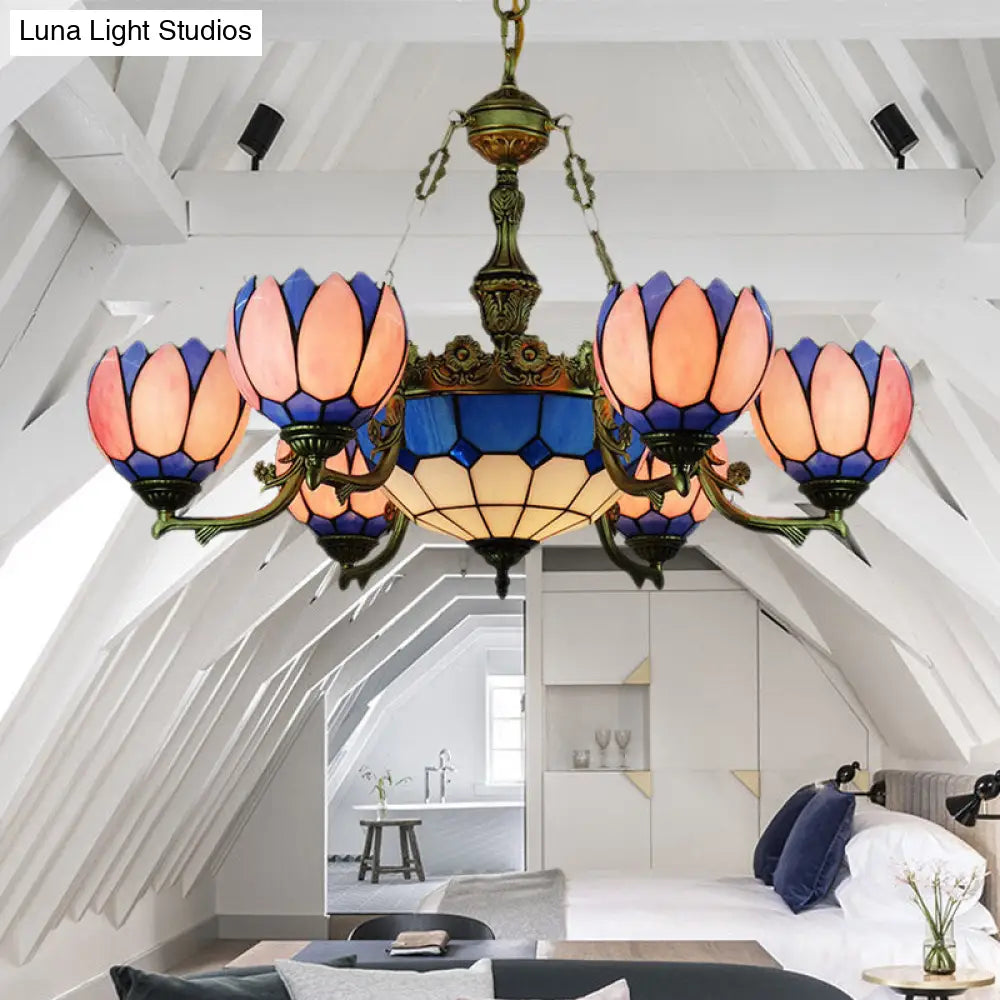 Tiffany Floral Stained Glass Pendant Chandelier with 7 Pink Lights for Living Room Décor