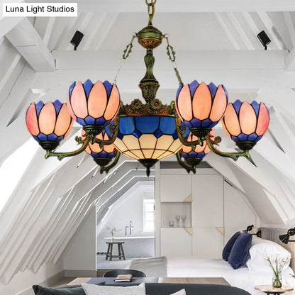 Tiffany Floral Stained Glass Pendant Chandelier with 7 Pink Lights for Living Room Décor