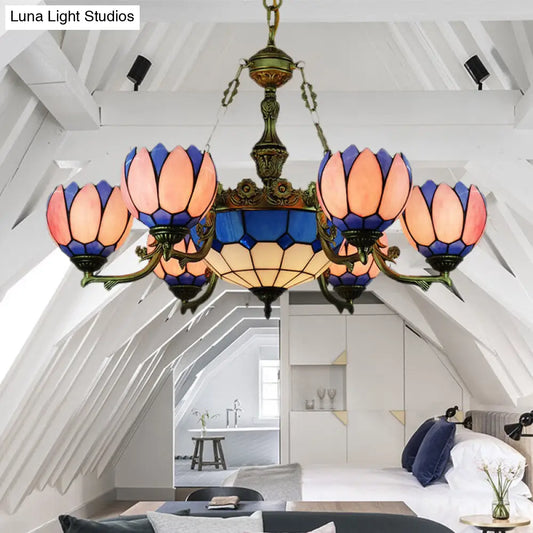 Tiffany Floral Stained Glass Pendant Chandelier with 7 Pink Lights for Living Room Décor
