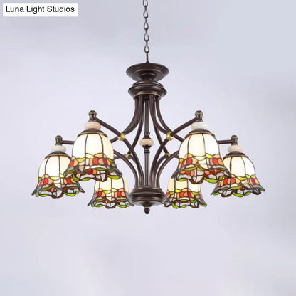 Tiffany Flower Chandelier Lamp - Stained Glass Suspension Lighting in Black (3/6/8 Lights) for Living Room