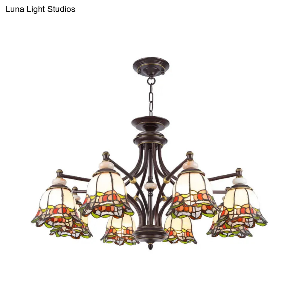 Tiffany Flower Chandelier Lamp - Stained Glass Suspension Lighting in Black (3/6/8 Lights) for Living Room