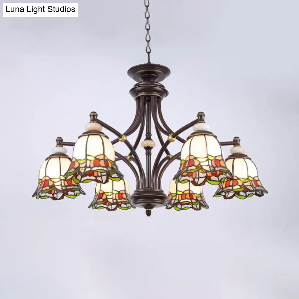 Tiffany Flower Chandelier Lamp - Stained Glass Suspension Lighting in Black (3/6/8 Lights) for Living Room