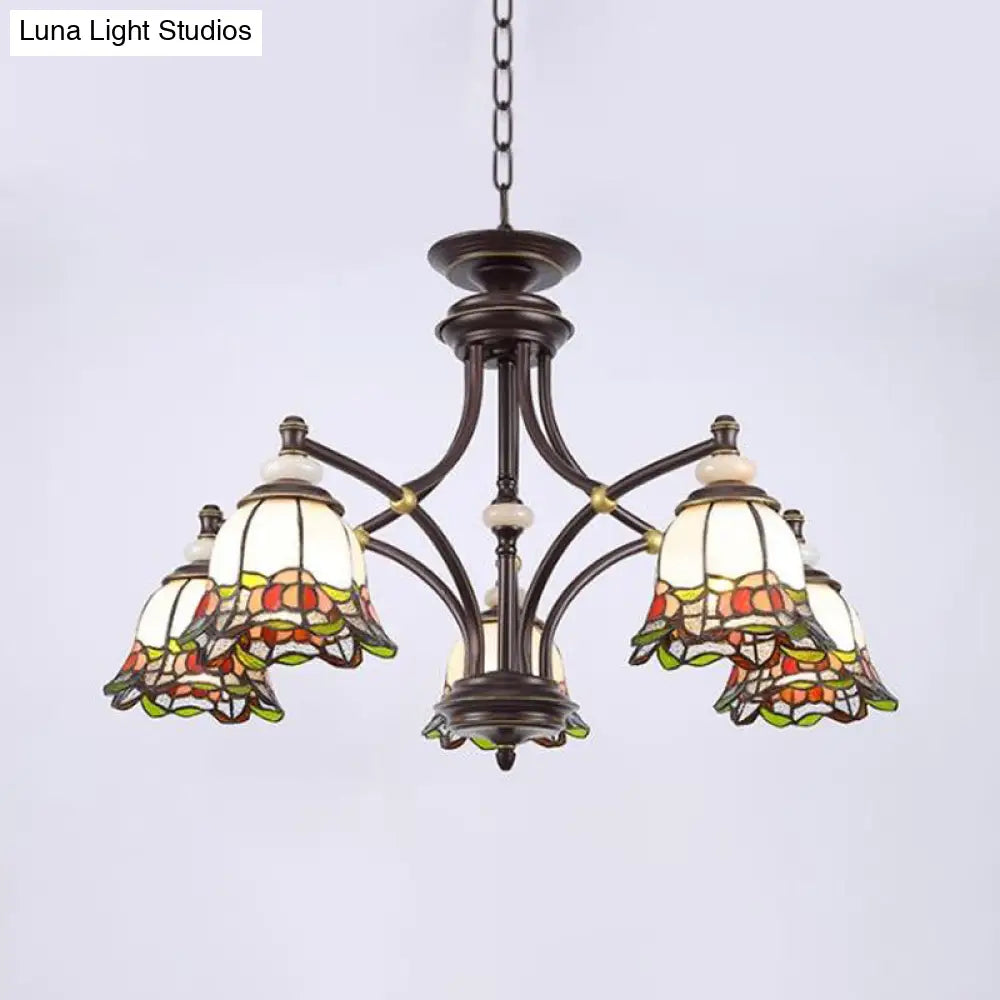 Tiffany Flower Chandelier Lamp - Stained Glass Suspension Lighting in Black (3/6/8 Lights) for Living Room