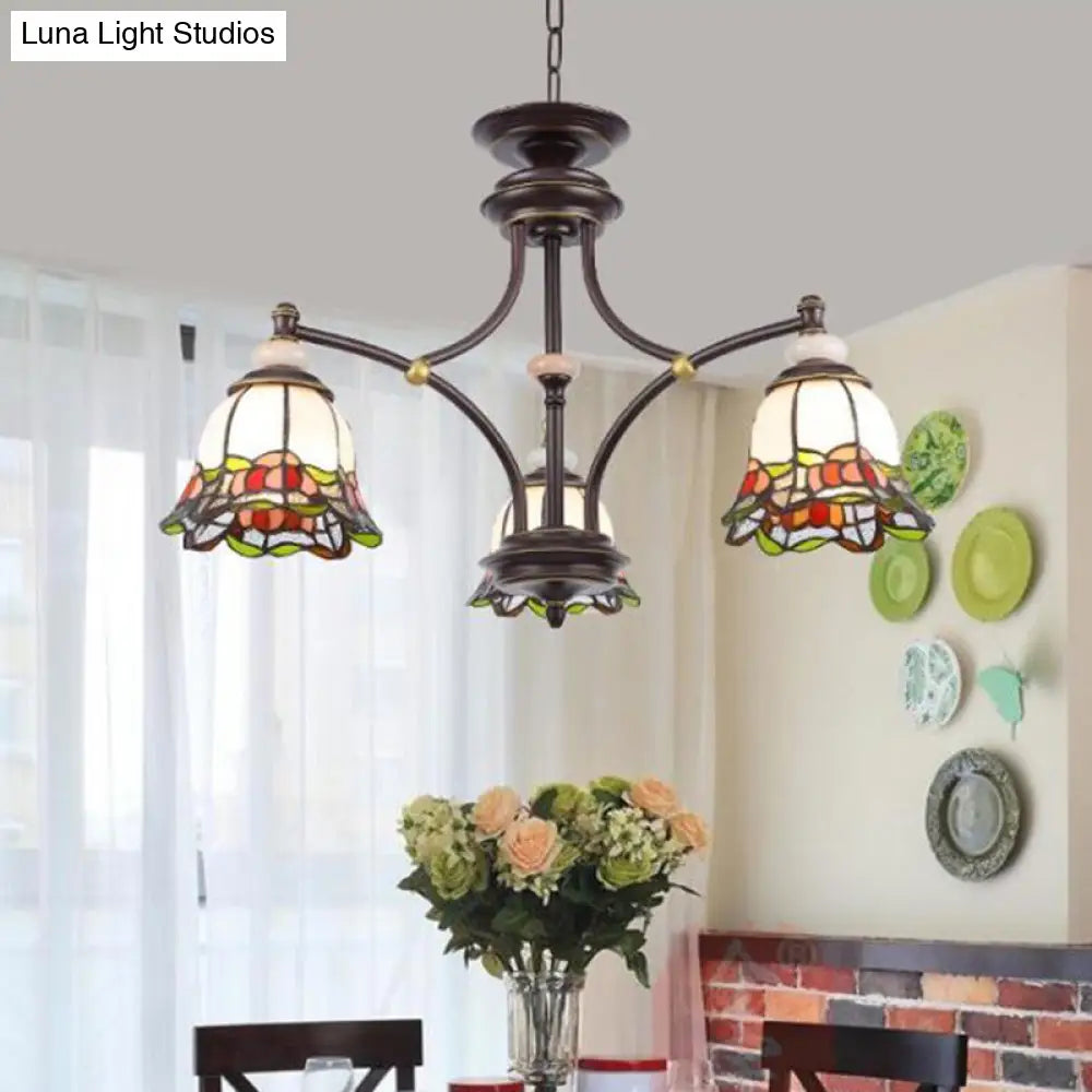 Tiffany Flower Chandelier Lamp - Stained Glass Suspension Lighting in Black (3/6/8 Lights) for Living Room