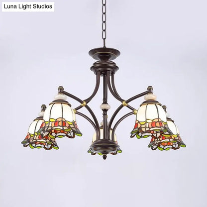 Tiffany Flower Chandelier Lamp - Stained Glass Suspension Lighting in Black (3/6/8 Lights) for Living Room