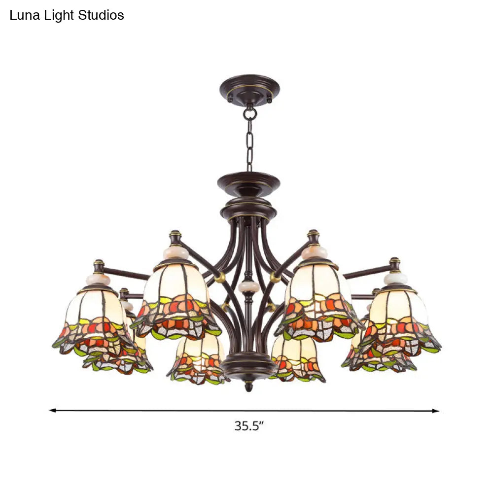 Tiffany Flower Chandelier Lamp - Stained Glass Suspension Lighting in Black (3/6/8 Lights) for Living Room