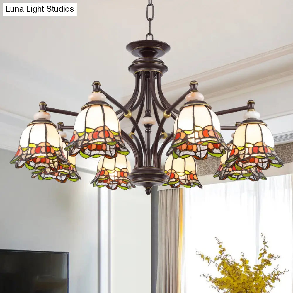 Tiffany Flower Chandelier Lamp - Stained Glass Suspension Lighting in Black (3/6/8 Lights) for Living Room