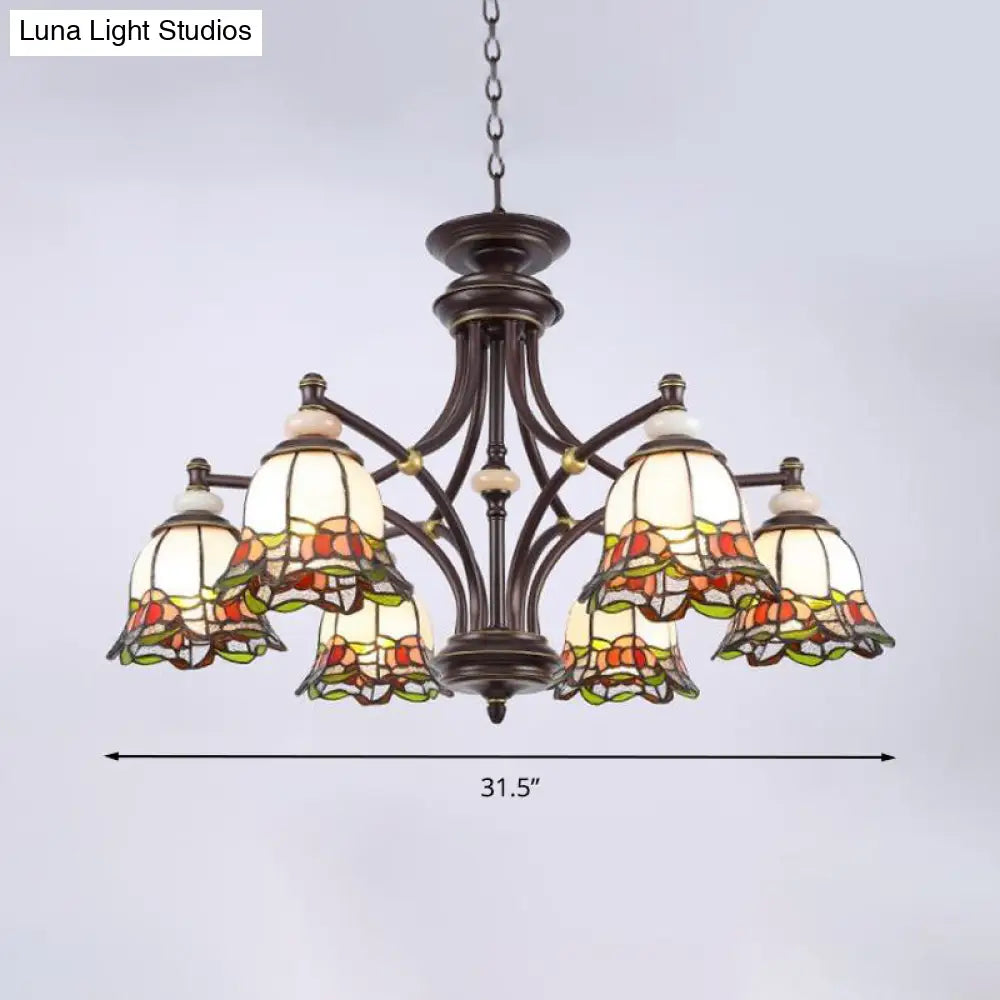 Tiffany Flower Chandelier Lamp - Stained Glass Suspension Lighting in Black (3/6/8 Lights) for Living Room
