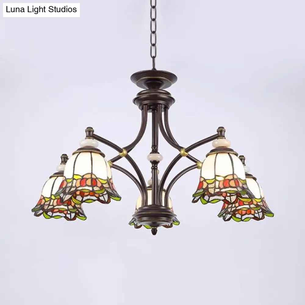Tiffany Flower Chandelier Lamp - Stained Glass Suspension Lighting in Black (3/6/8 Lights) for Living Room