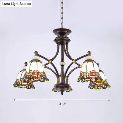 Tiffany Flower Chandelier Lamp - Stained Glass Suspension Lighting in Black (3/6/8 Lights) for Living Room