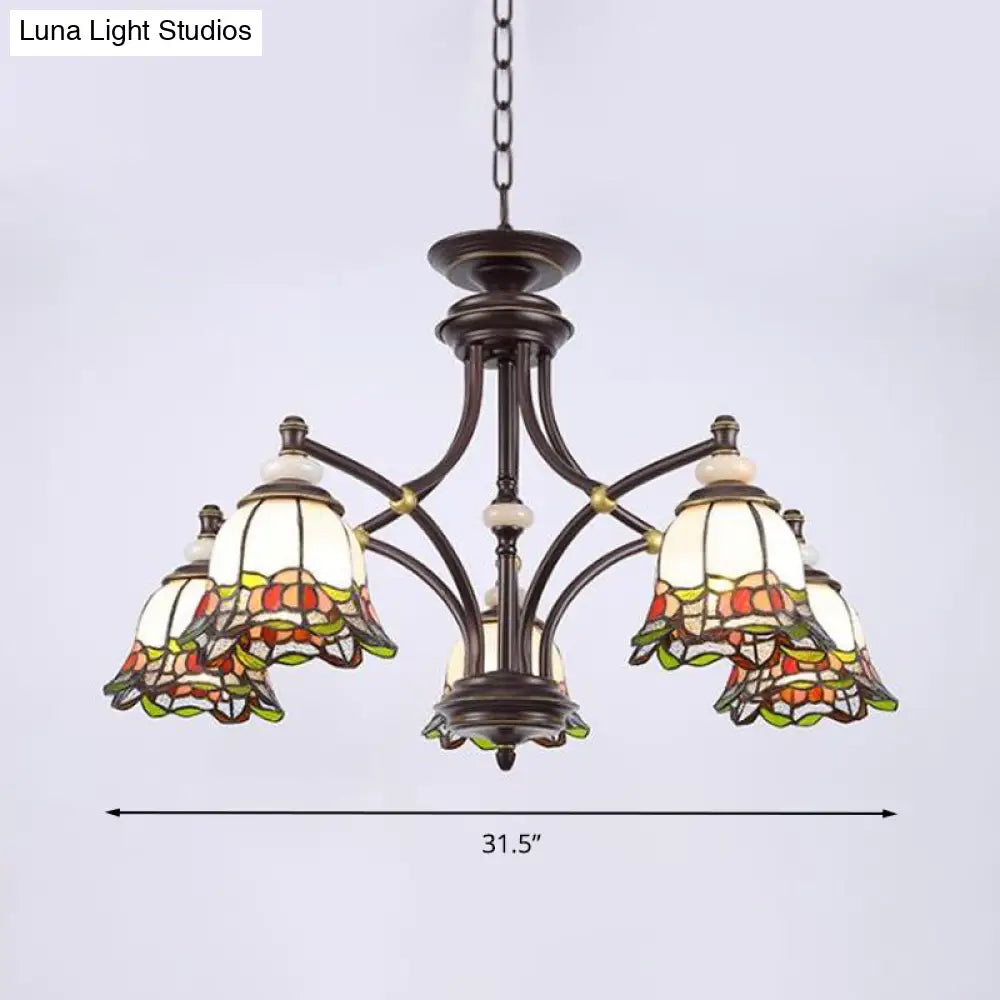 Tiffany Flower Chandelier Lamp - Stained Glass Suspension Lighting in Black (3/6/8 Lights) for Living Room