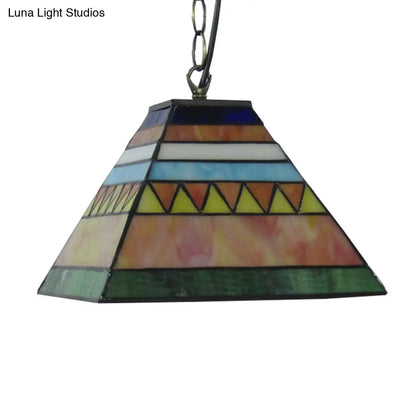 Tiffany Geometric Stained Glass Ceiling Lamp - Single Light Pendant for Bedroom (Pink/Green)