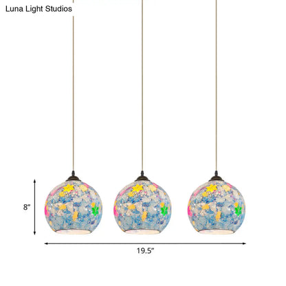 Tiffany Glass 3-Bulb Pendant Lamp with Light Blue Multi Leaf-Pattern Globe - Baroque Ceiling Suspension